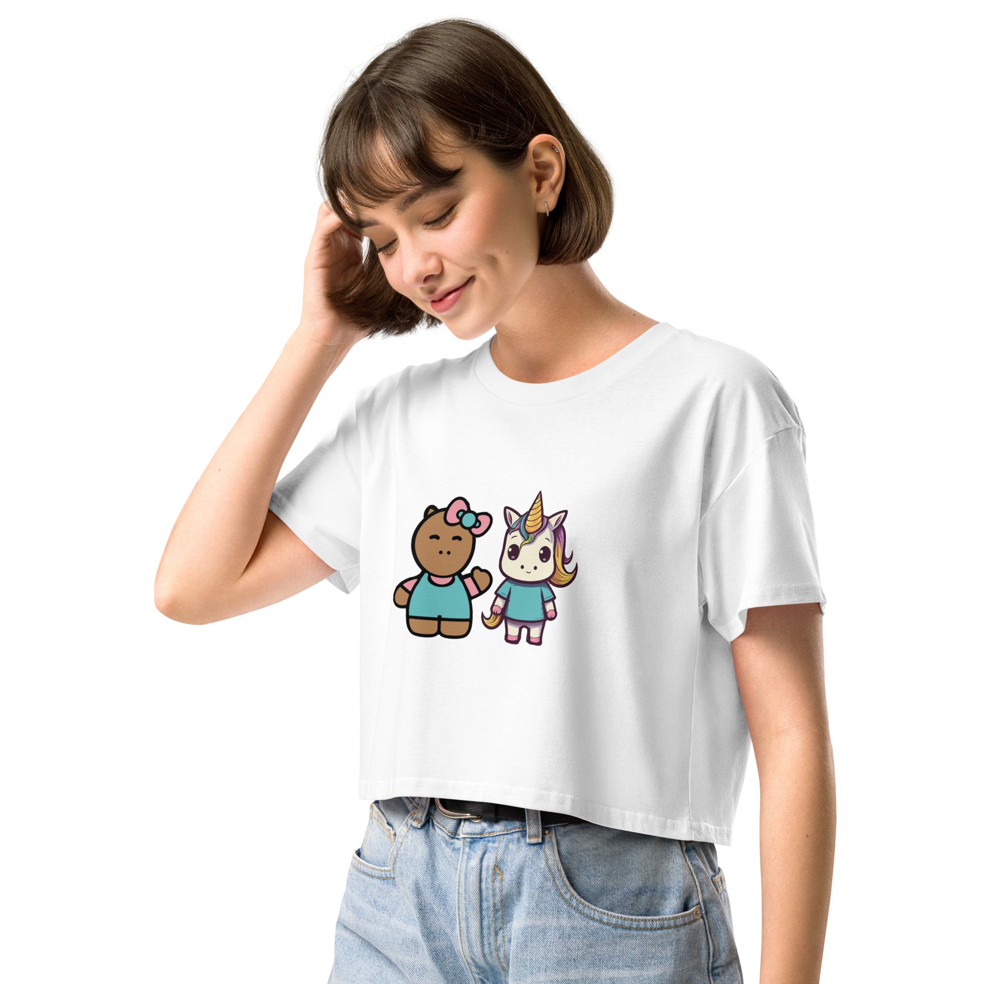 Hello Cappy and Lil Unicorn Women’s crop top - Premium  from Wanna Freestyle Designs - Just $27.99! Shop now at Wanna Freestyle Designs